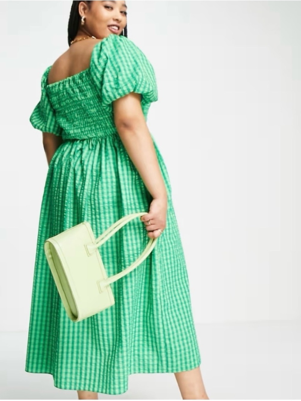 Never Fully Dressed Green Gingham Midi Dress Curve XXL Puff Sleeve - Picture 3 of 4